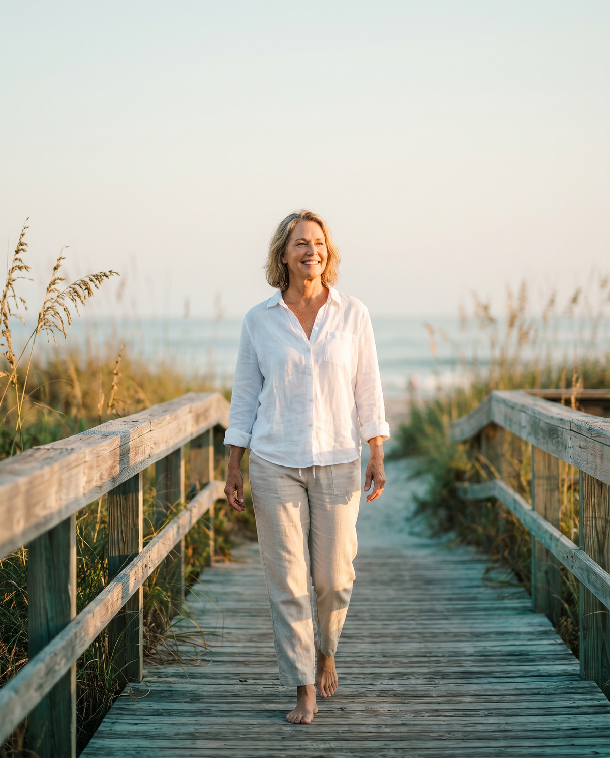 Zorvani: a woman walking lightly along a sunlit boardwalk