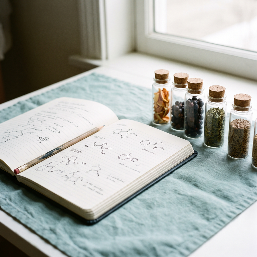 Zorvani lab notebook and botanical samples, formulas in progress